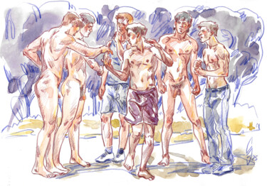 Zeichnungen mit dem Titel "Playing on the mead…" von Sergey Sovkov, Original-Kunstwerk, Aquarell
