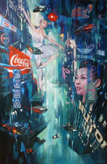 Malerei mit dem Titel "Skyline 2249" von Janusz Orzechowski, Original-Kunstwerk, Öl Auf Keilrahmen aus Holz montiert