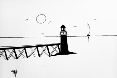 Disegno intitolato "Phare Capbreton pla…" da Marc Turpaud, Opera d'arte originale, Inchiostro