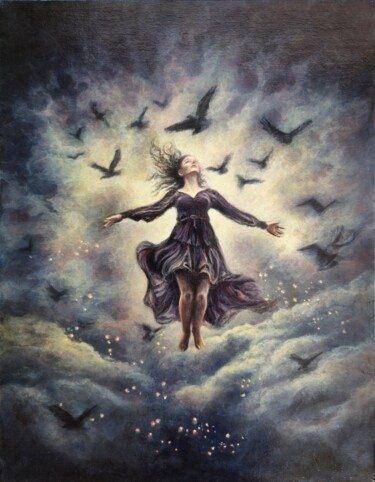 Flock of Birds – Surreal Flight and Freedom 绘画 标题为“Flock of Birds – Su…” 由Alla Ostrovsky, 原创艺术品, 油