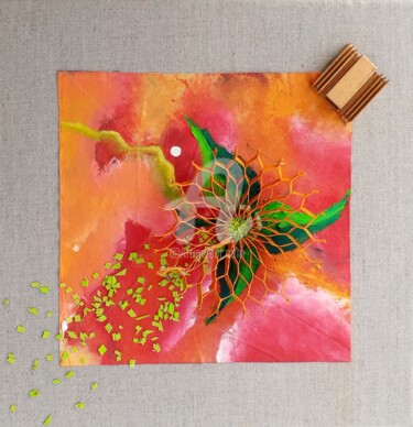 Painting titled "Au delà des monts" by Nicolas Péché, Original Artwork, Collages Mounted on Wood Stretcher frame