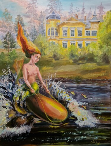 绘画 标题为“Catfish riding” 由Marika Guseva, 原创艺术品, 油 安装在artwork_cat.上