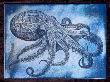 Printmaking titled "Octopus in Blue" by Mike, Original Artwork, Engraving Mounted on Wood Panel