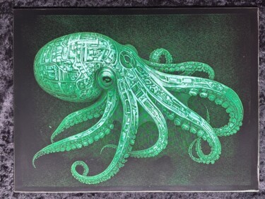Отпечатки и Гравюры под названием "Octopus in Green" - Mike, Подлинное произведение искусства, гравюра Установлен на Деревян…