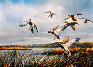 Painting titled "Dzikie kaczki" by Jena Polak, Original Artwork, Oil Mounted on artwork_cat.