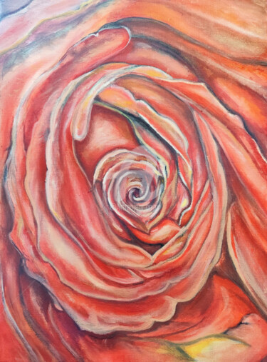 Red rose center Painting titled "Red rose center" by Diana Editoiu, Original Artwork, Oil Mounted on Wood Stretcher frame