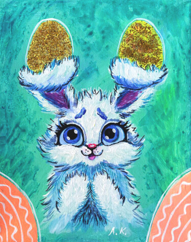 Cute white and blu Bunny with golden eggs – acrylic Artwork 绘画 标题为“Cute white and blu…” 由Anastasia Kokler, 原创艺术品, 丙烯 安装在木质担架架上