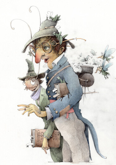 Zeichnungen mit dem Titel "Two ornithologists" von Valery K, Original-Kunstwerk, Aquarell