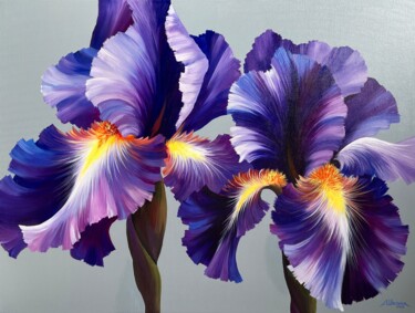 Pair of Bright Irises Painting titled "Pair of Bright Iris…" by Anna Shkolik, Original Artwork, Acrylic Mounted on Wood Stretcher frame