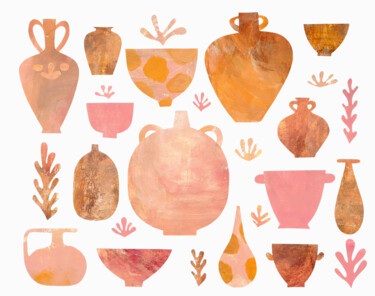 Rose & Ochre Vessels: Pottery Collage in Warm Tone Collages getiteld "Rose & Ochre Vessel…" door Yulia Domina, Origineel Kunstwerk, Collages