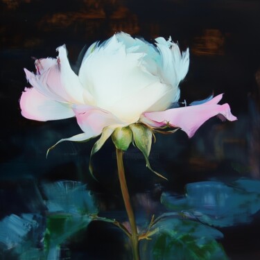 Moonlit Serenity White Rose Pittura intitolato "Moonlit Serenity Wh…" da Karina Kopteva, Opera d'arte originale, Olio Montato su Telaio per barella in l…
