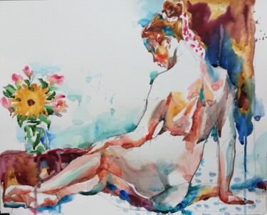 绘画 标题为“Nude with Sunflower…” 由Jelena Djokic, 原创艺术品, 水彩