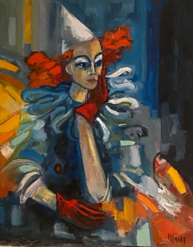 绘画 标题为“CLOWN aux gants rou…” 由Jean Pierre Mocci, 原创艺术品, 油 安装在木质担架架上