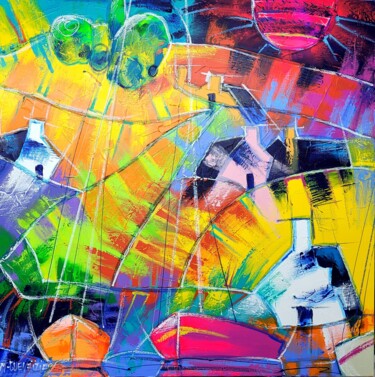 Painting titled "SOLEIL ROUGE DU SOIR" by Myriam Guenaizia, Original Artwork, Oil Mounted on Wood Stretcher frame