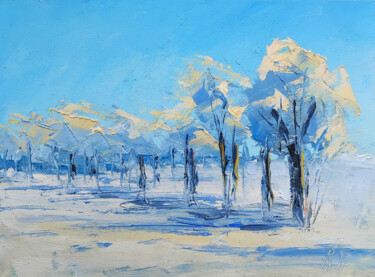 Winter frost and snow - minimalistic impressionism in blue Painting titled "Winter frost and sn…" by Dr. Barmely, Original Artwork, Oil Mounted on Cardboard
