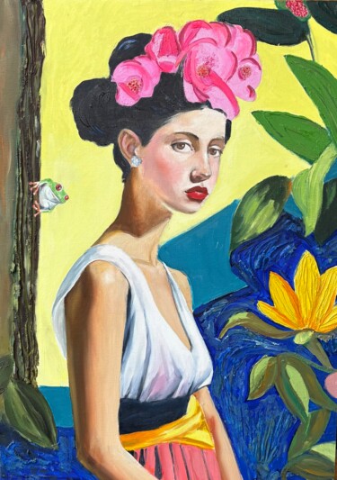 Painting titled "Красавица и лягушка…" by Ekaterina Pacera, Original Artwork, Oil Mounted on Cardboard