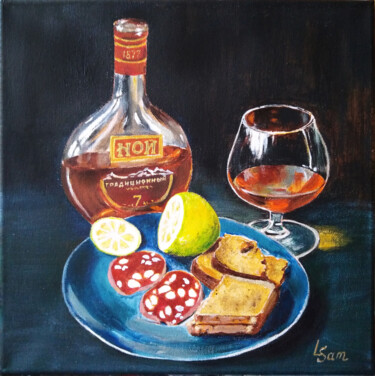 Humour still life with brandy Peinture intitulée "Humour still life w…" par Liubov Samoilova, Œuvre d'art originale, Acrylique Monté sur Châssis en bois