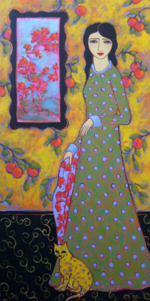 Peinture intitulée "Woman with Cat" par Karen Rieger, Œuvre d'art originale, Acrylique Monté sur Châssis en bois