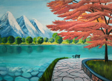 Painting titled "Red Tree Emerald La…" by Aleksander Aleksiuk, Original Artwork, Oil