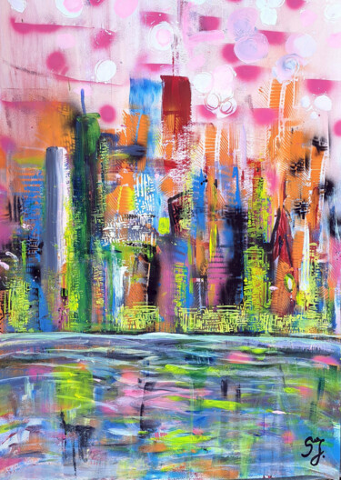 Pittura intitolato ""SUNSET OVER NEW YO…" da Sanja Jancic, Opera d'arte originale, Acrilico
