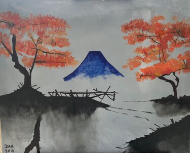 Painting titled "Fuji in automn" by Dar Que, Original Artwork, Acrylic Mounted on Wood Stretcher frame