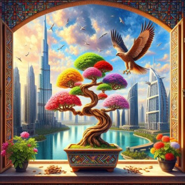 Arte digitale intitolato "Burj Khalifa bonsái…" da Rogo Lino, Opera d'arte originale, Immagine generata dall'IA Montato su a…