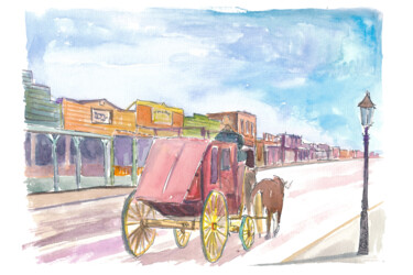 Tombstone Stagecoach Rolling Past Old Western Storefronts 绘画 标题为“Tombstone Stagecoac…” 由Artshop77, 原创艺术品, 水彩