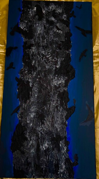 Painting titled "The Tree & The Crows" by Evangelina, Original Artwork, Acrylic Mounted on Wood Stretcher frame