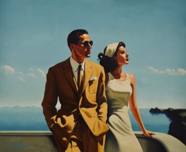 Schilderij getiteld "Riviera" door Johnny Popkess, Origineel Kunstwerk, Olie Gemonteerd op Frame voor houten brancard