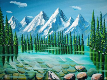 绘画 标题为“Green lake in Alps” 由Aleksander Aleksiuk, 原创艺术品, 油