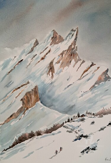 Peinture intitulée "ARRIVEE AU REFUGE" par Alain Devienne, Œuvre d'art originale, Aquarelle