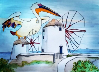 Schilderij getiteld "art MYKONOS" door Lilian Manolakaki (lm artist), Origineel Kunstwerk, Aquarel