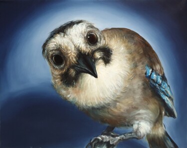 Curious Blue Jay – Expressive Bird Portrait Painting titled "Curious Blue Jay –…" by Alla Ostrovsky, Original Artwork, Oil