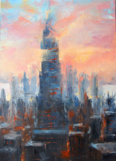 New York City Skyline Pink Sunset Pittura intitolato "New York City Skyli…" da Dr. Barmely, Opera d'arte originale, Olio Montato su Cartone