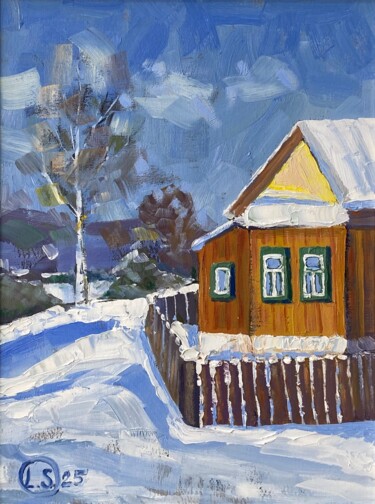 Painting titled "Snowy" by Lesya Serenity, Original Artwork, Oil Mounted on Wood Stretcher frame
