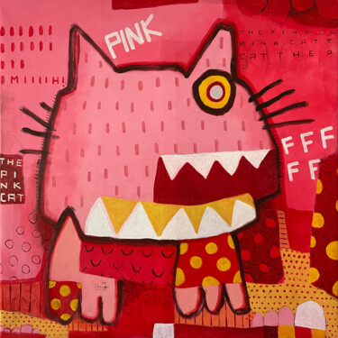 Pintura titulada "The Pink Cat" por David García Rincón, Obra de arte original, Acrílico Montado en Bastidor de camilla de m…