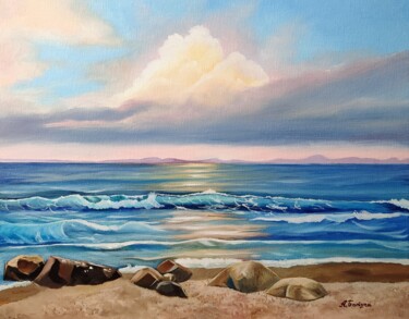 Painting titled "Пляж с камнями" by Alekc Batura, Original Artwork, Oil