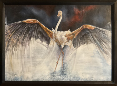 Peinture intitulée "Le Flamant" par Mary Waltz, Œuvre d'art originale, Acrylique Monté sur Panneau de bois