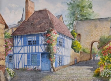 Painting titled "La maison bleue a G…" by Jean Senterre, Original Artwork, Watercolor Mounted on Cardboard