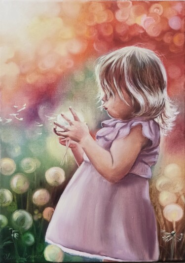 Girl and dandelions Painting titled "Girl and dandelions" by Aliona Dankova, Original Artwork, Oil Mounted on Wood Stretcher frame