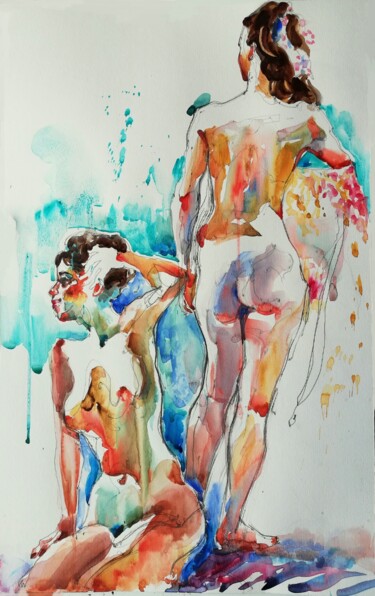 Painting titled "Bathers XXIV" by Jelena Djokic, Original Artwork, Watercolor