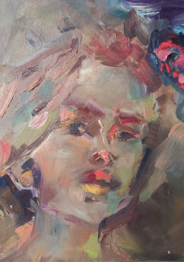 Portrait of a charming girl. Strokes. Tenderness Painting titled "Portrait of a charm…" by Allen Light, Original Artwork, Oil Mounted on Cardboard