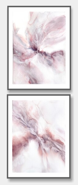 Pink abstract flowers diptych Pittura intitolato "Pink abstract flowe…" da Olya Grigorevykh, Opera d'arte originale, Acquarello