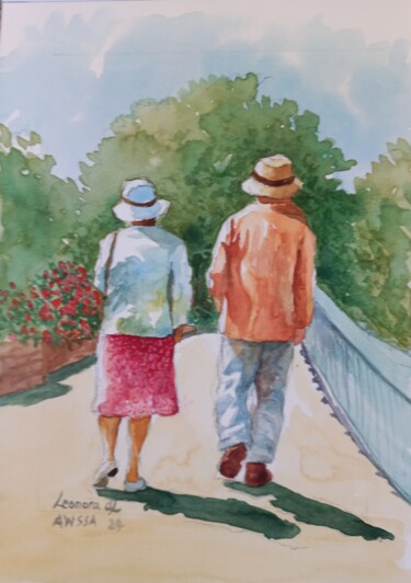 Painting titled "Out for a Stroll" by Leonora De Lange, Original Artwork, Watercolor