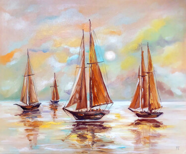 Malerei mit dem Titel "Sails of the Sunset" von Yelena Rybalkina, Original-Kunstwerk, Öl Auf Karton montiert