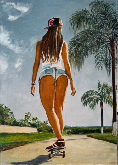 Schilderij getiteld "Девушка на скейтбор…" door Elena Polischuk, Origineel Kunstwerk, Olie Gemonteerd op Frame voor houten b…