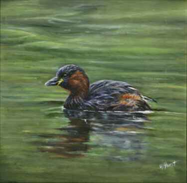 European Little Grebe Tachybaptus ruficollis Peinture intitulée "European Little Gre…" par Una Hurst, Œuvre d'art originale, Huile Monté sur Châssis en bois