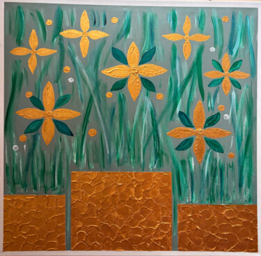 Painting titled "Golden Serie Flowers" by Ellen Rademacher, Original Artwork, Acrylic