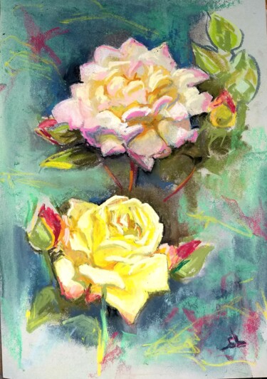Roses jaunes - Fleurs sauvages printemps Composition florale "Roses jaunes - Fleu…" başlıklı Tablo Sandrine Lefebvre tarafından, Orijinal sanat, Pastel