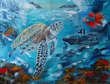 绘画 标题为“Turtle's Tranquil J…” 由Mónika Katalin Pál, 原创艺术品, 油 安装在木质担架架上